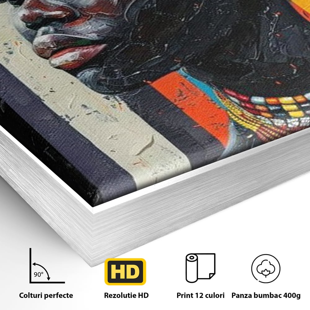 Detaliu al suprafetei: tablou canvas cu profil de femeie, in rama de aluminiu argintiu